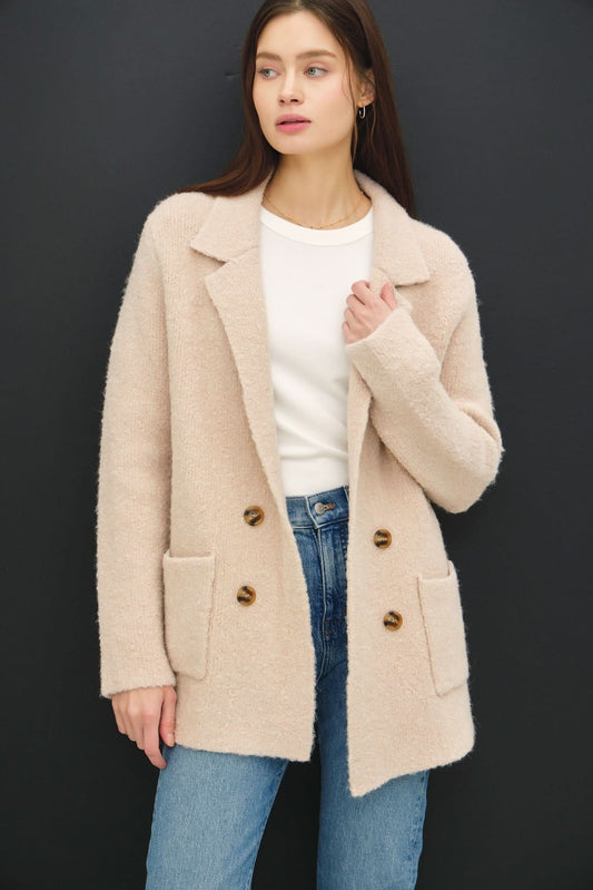 Textured Double-Breasted Cozy Coat with Functional Pockets