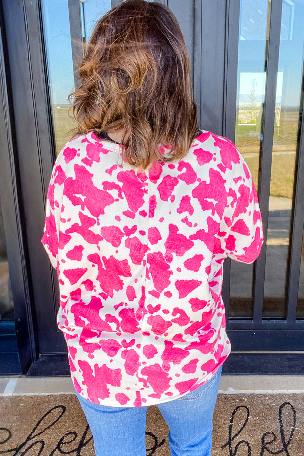 Rose leopard print plus size long sleeve top with V-neck