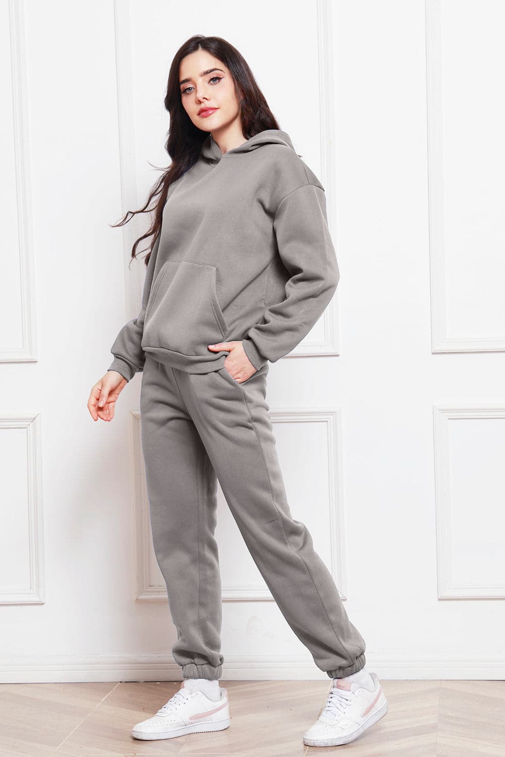 Drop Shoulder Long Sleeve Hoodie and Pants Set.