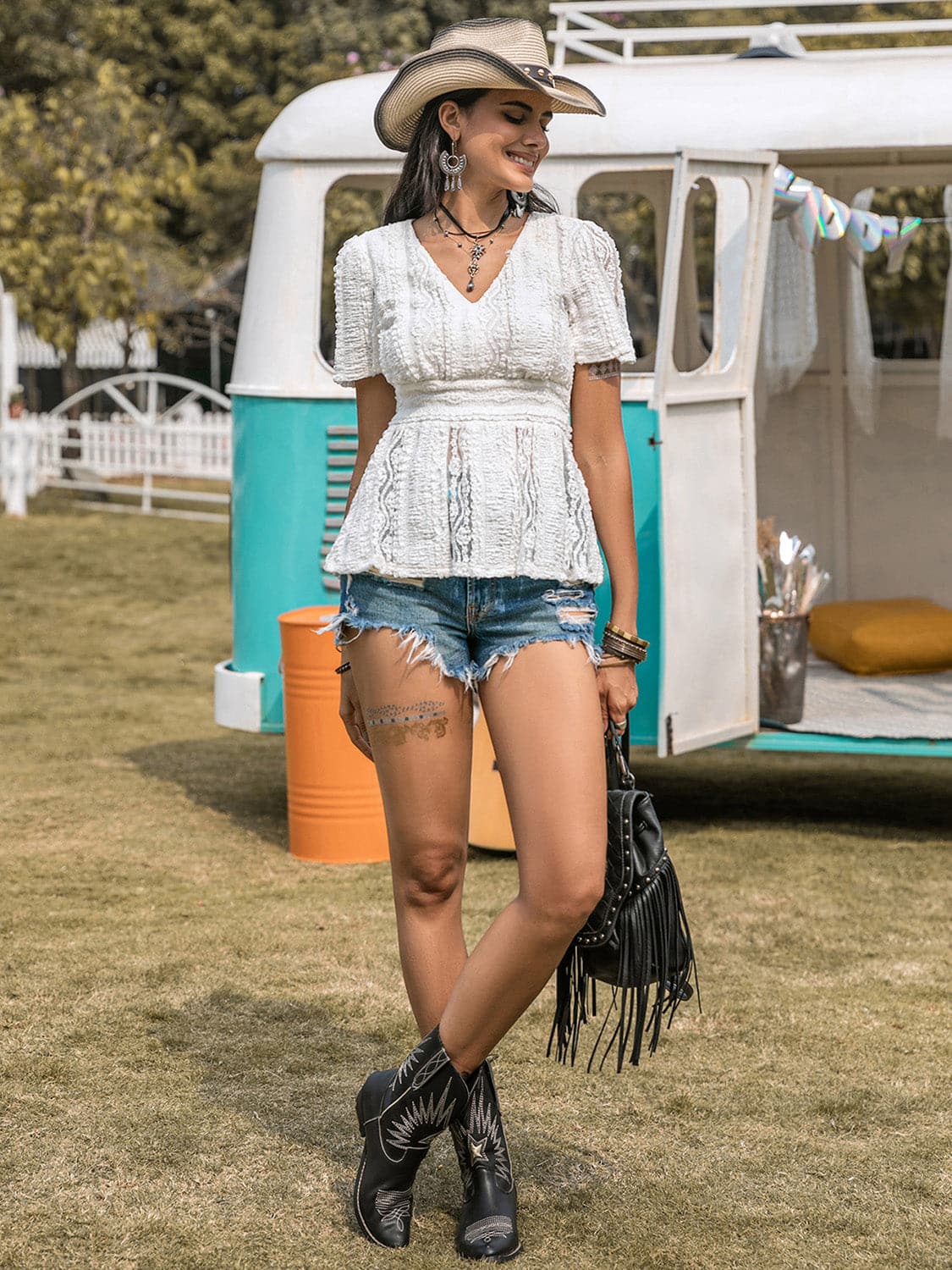 Lace V-Neck Short Sleeve Top.