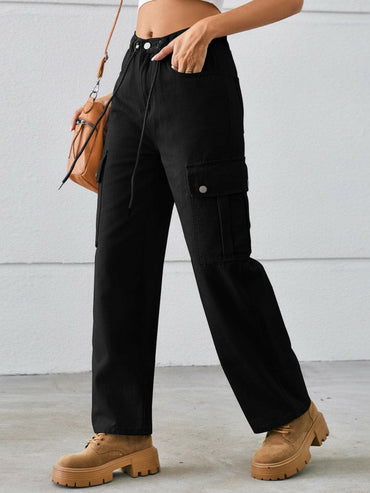 Drawstring Mid-Rise Waist Straight Cargo Jeans.