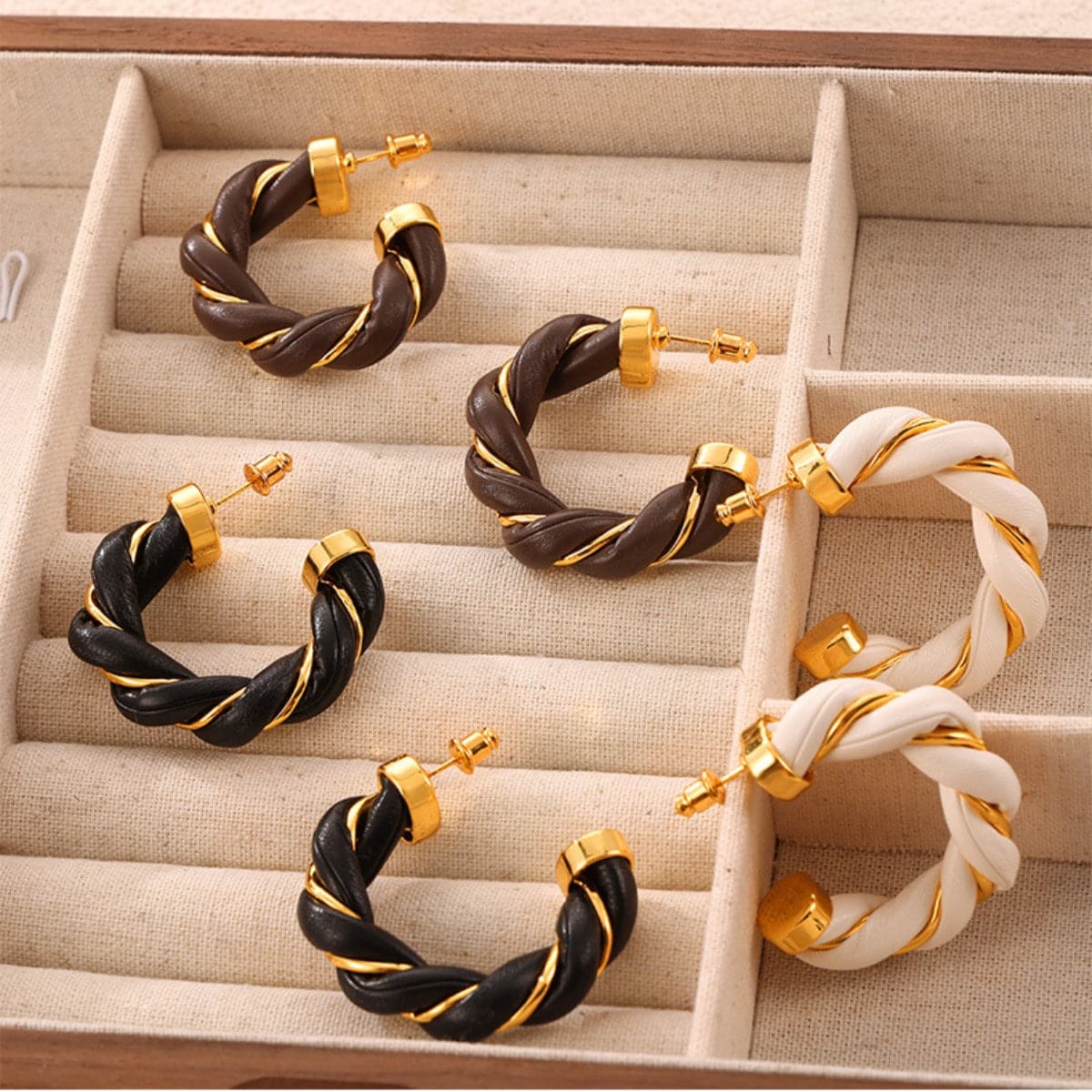 Twisted Leather Rope C-Hoop Earrings.