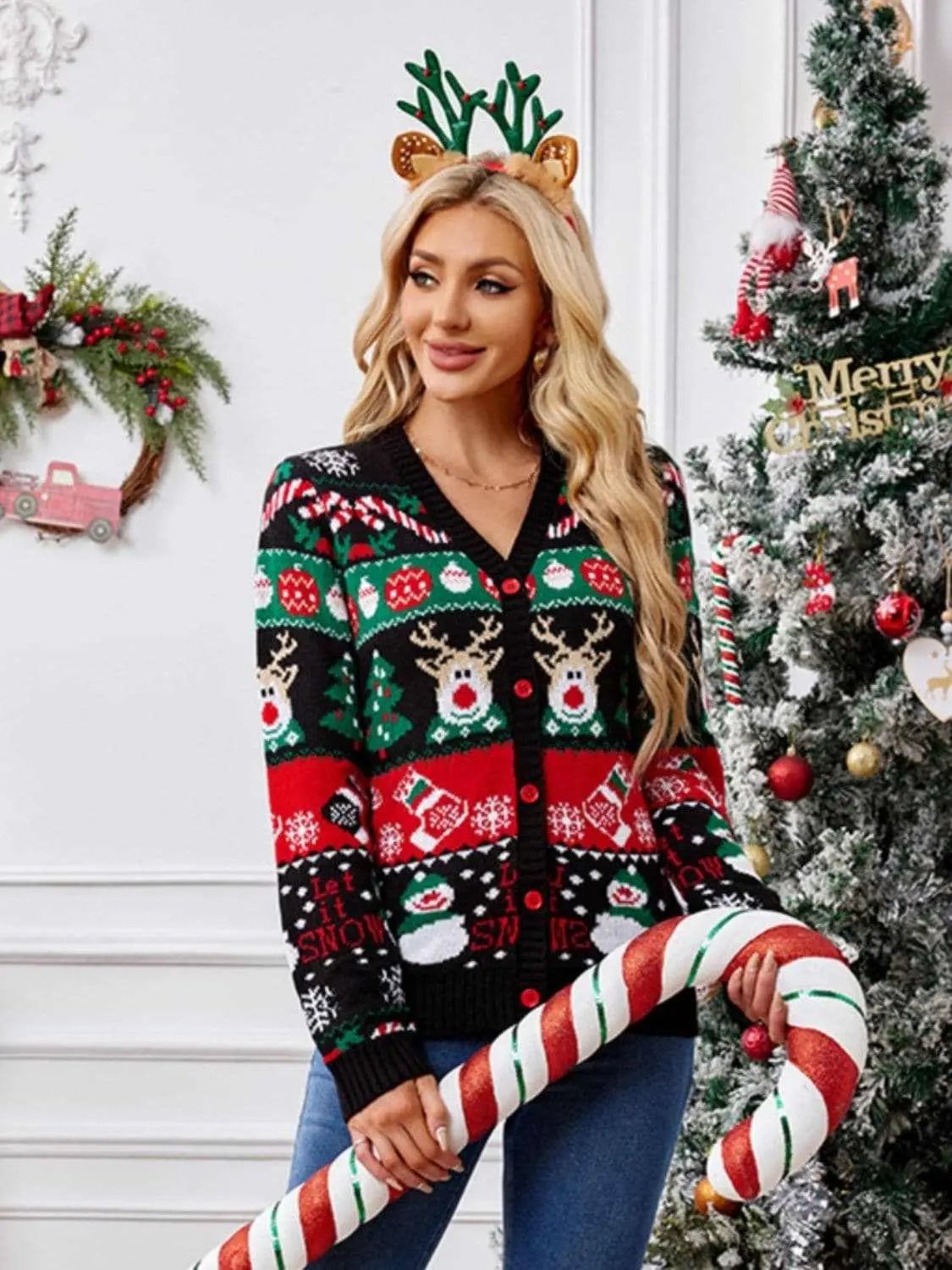 Reindeer Print Cardigan for Women - Love Salve 