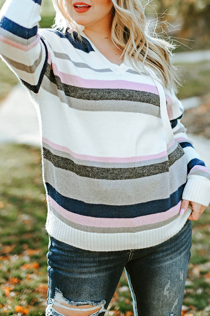 Cozy Plus Size Hooded Striped Knit Sweater