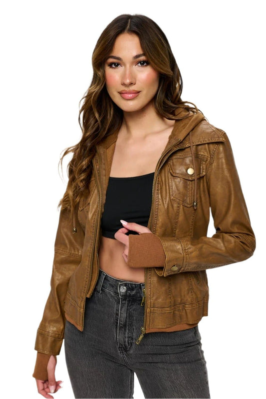 Hooded double zip jacket - vegan leather