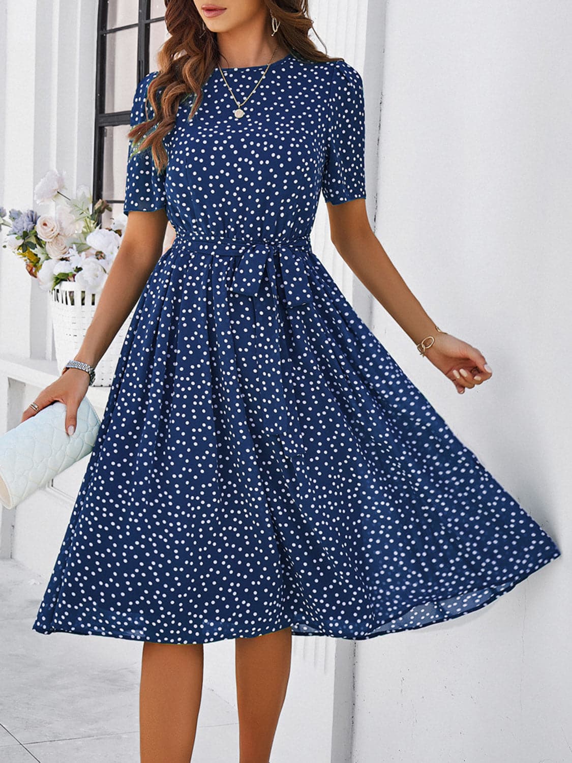 Printed Round Neck Short Sleeve Dress.