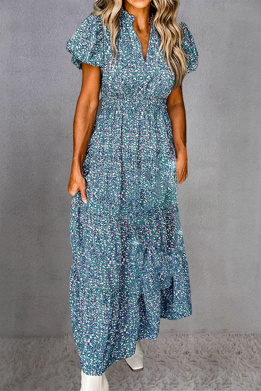 Tiered Printed Notched Short Sleeve Dress.