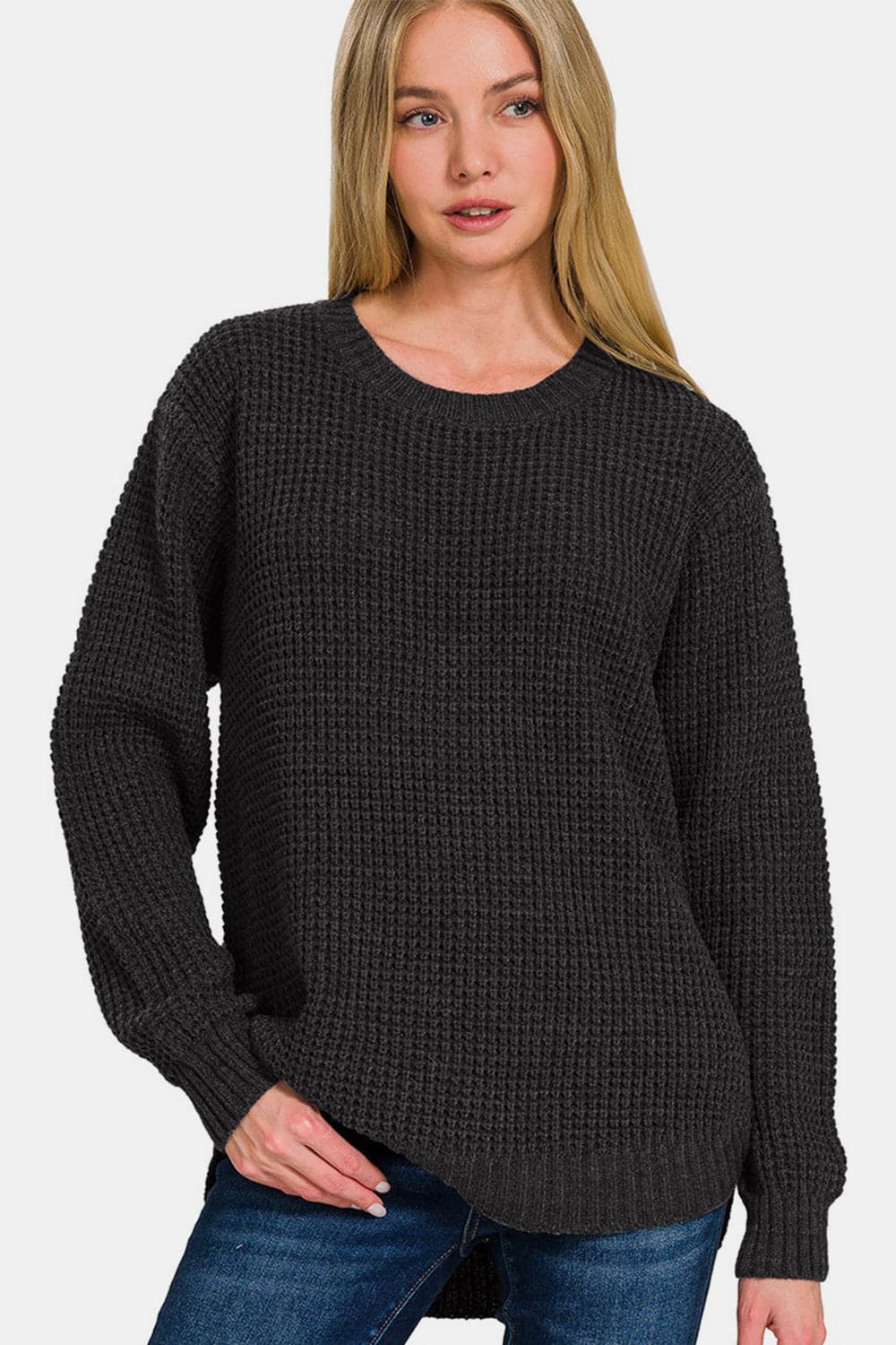 Zenana High Low Long Sleeve Waffle Sweater.