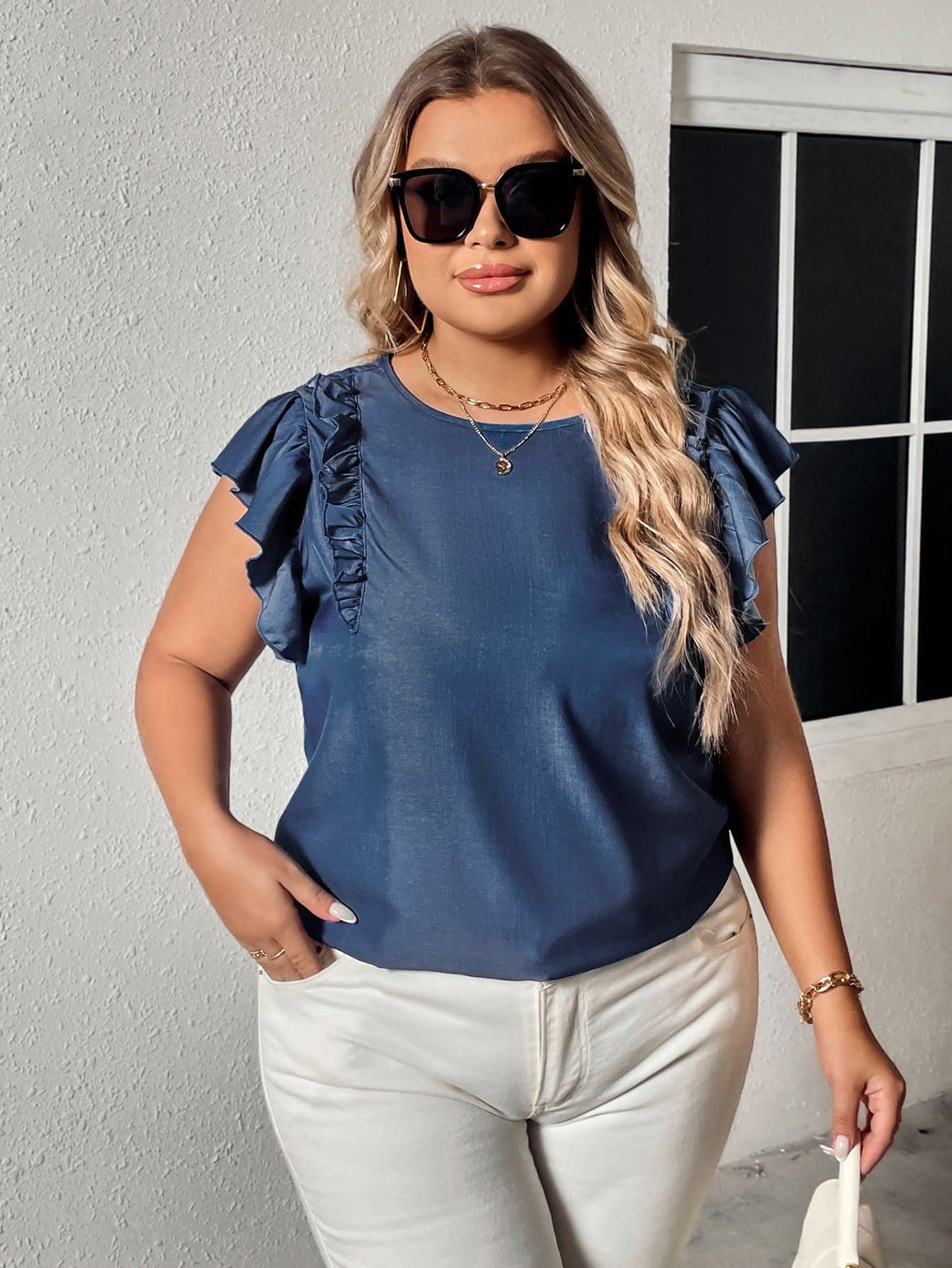 Plus Size Round Neck Flounce Sleeve Frill Trim Blouse.