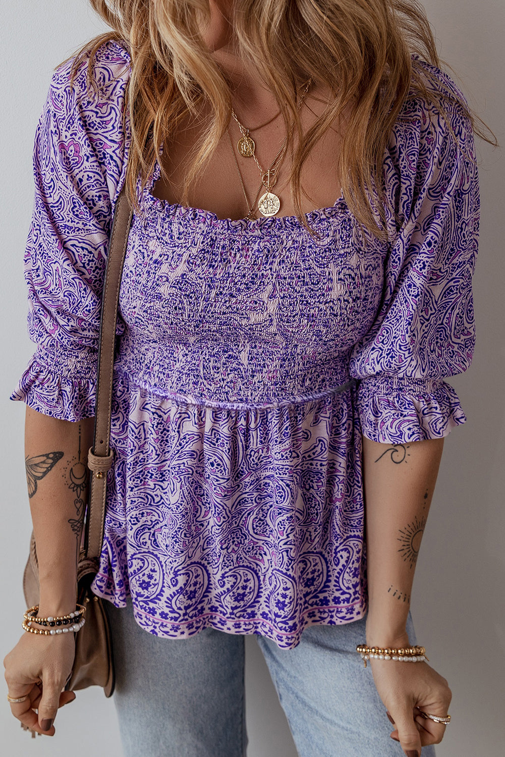 Purple Bohemian Paisley Print Shirred Peplum Blouse with Half Sleeves