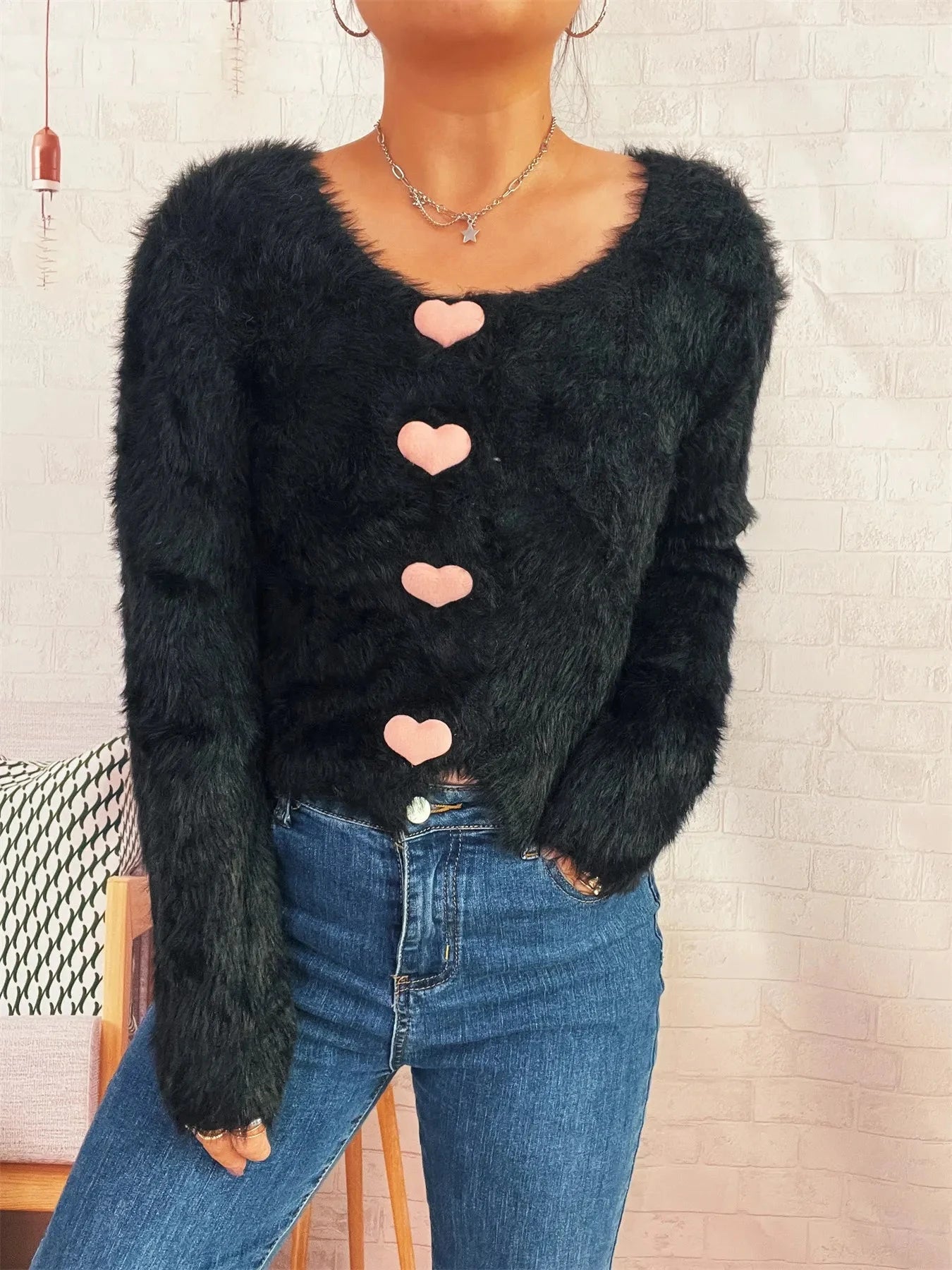 Fuzzy Heart Shape Button-Up Cardigan Coco’s Tee Boutique