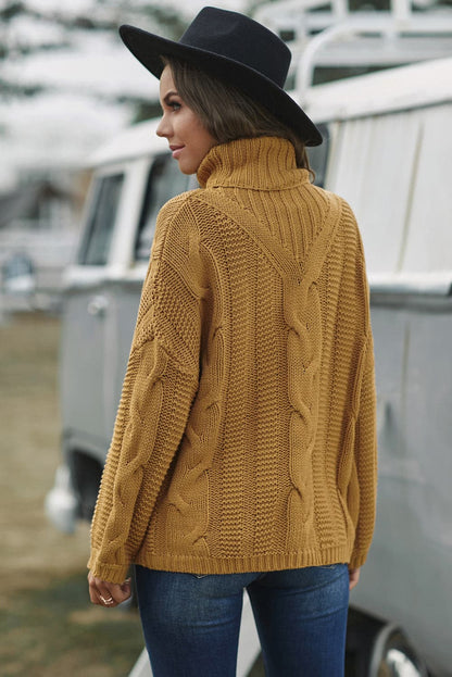 Cable-Knit Turtleneck Dropped Shoulder Sweater.