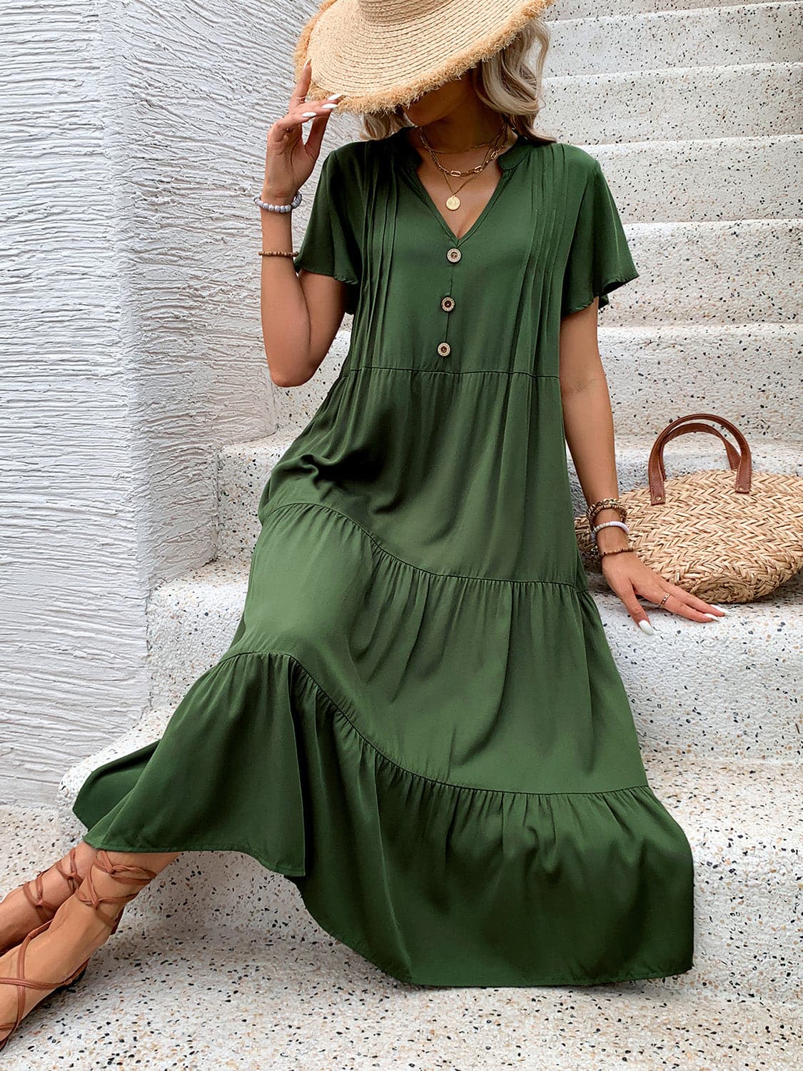 Tiered Notched Short Sleeve Midi Dress.