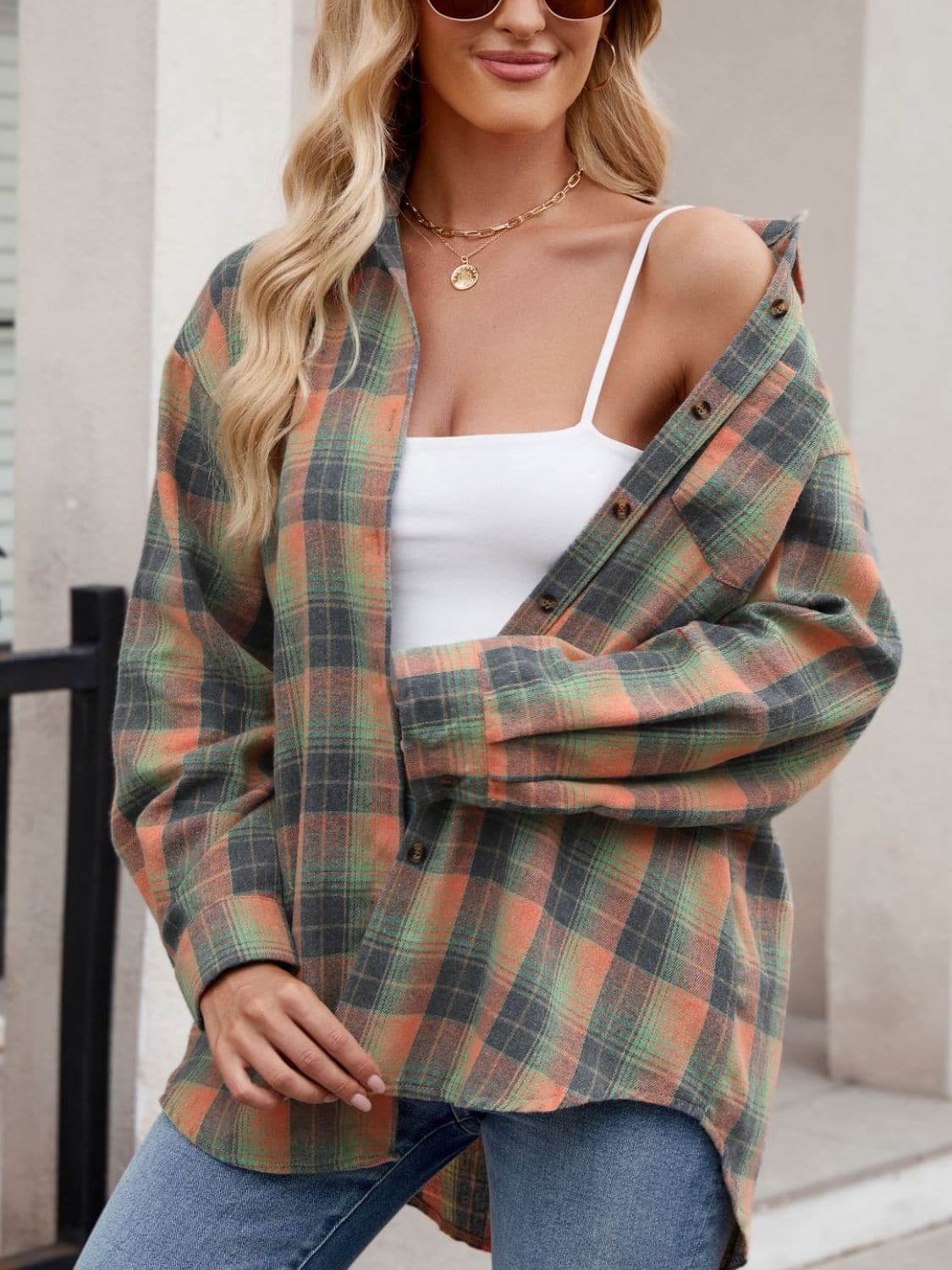 Plaid Collared Neck Long Sleeve Shirt.