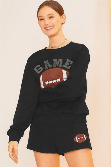 Casual black rugby graphic pullover and shorts set for game day