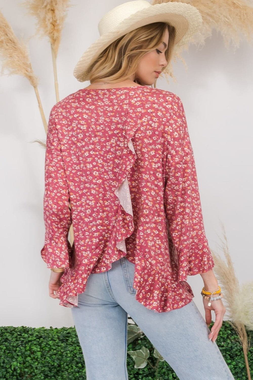 Celeste Full Size Floral Ruffle Detail Top.