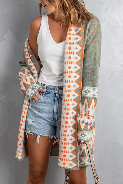 Geometric Open Front Long Sleeve Cardigan.