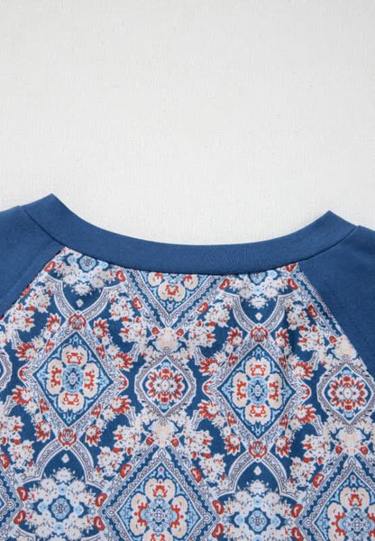 Lace-Trimmed Geometric Print Long Sleeve Blouse