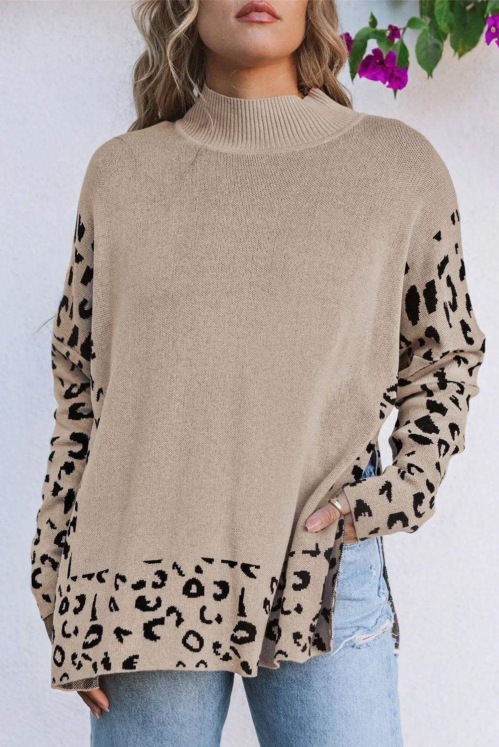 Sarai Leopard High Neck Side Slit Oversized Sweater for Women - Love Salve 