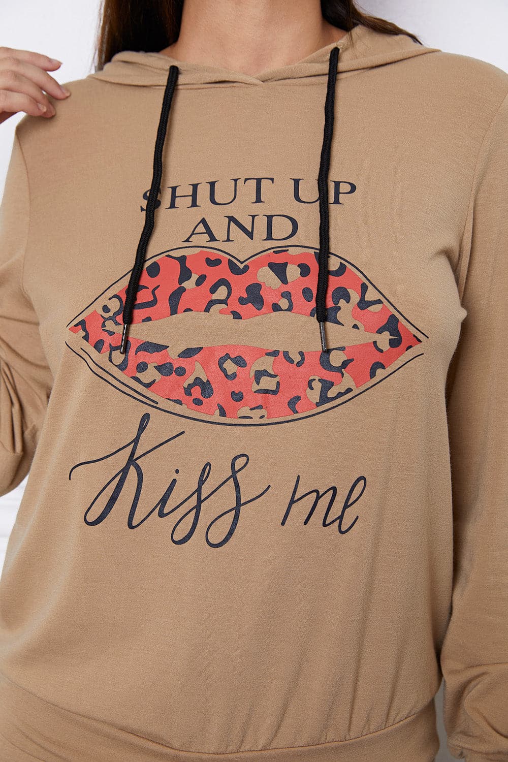 SHUT UP AND KISS ME Lip Graphic Hooded Top and Drawstring Pants Set.