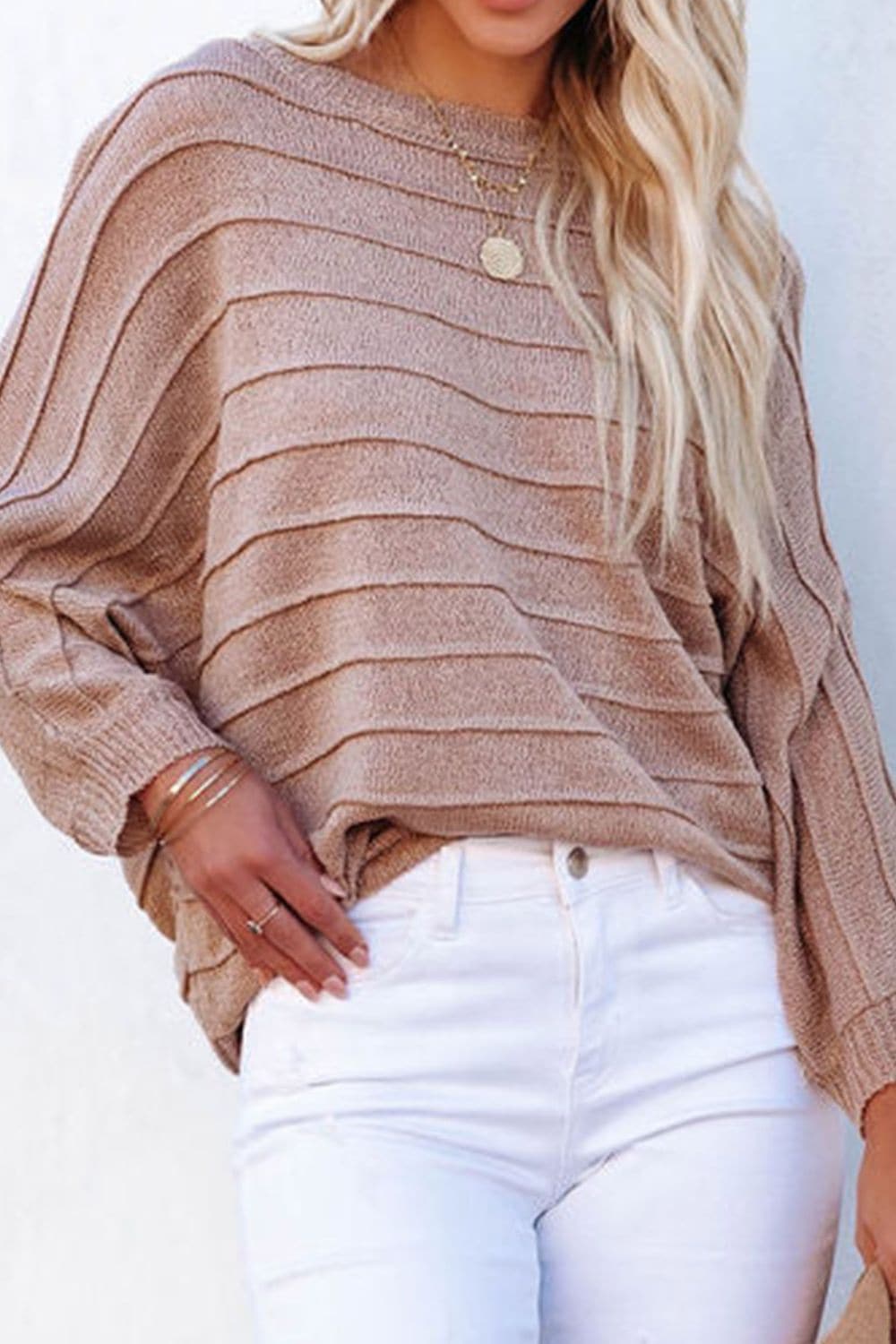 Striped Ribbed Trim Round Neck Sweater.