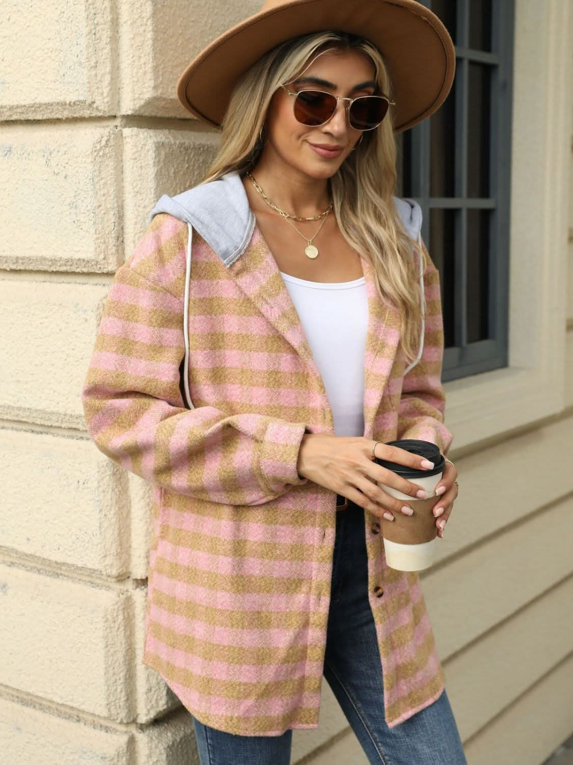 Plaid hooded jacket with pockets