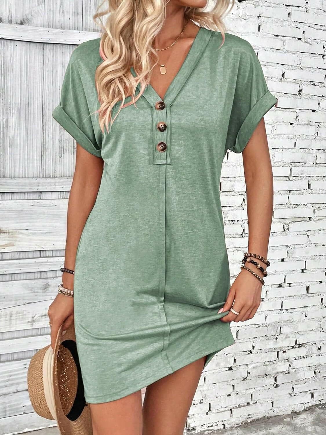 Quarter Button V-Neck Short Sleeve Dress.