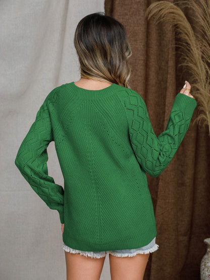 Openwork Round Neck Raglan Sleeve Sweater.