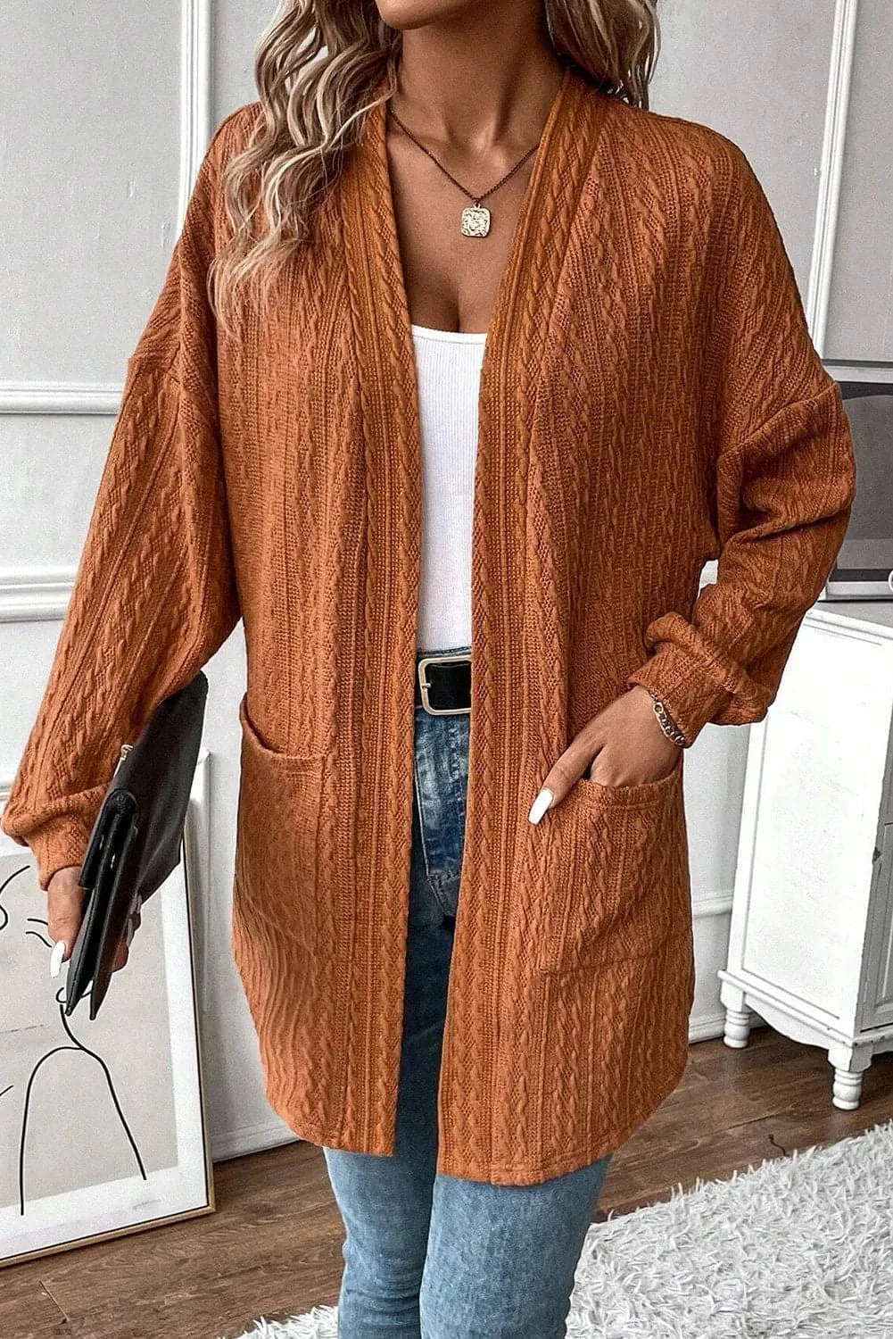 Textured long sleeve open front cover up with pockets