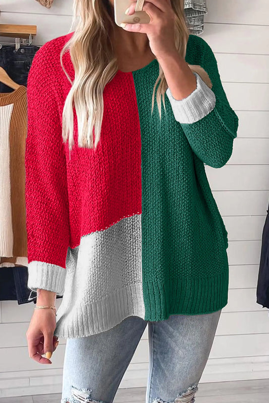 Evergreen Color Block Knit V Neck Loose Sweater for Women Dear-Lover Dropshipping