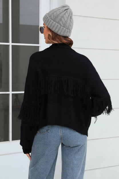 Fringe Trim Open Front Cardigan.