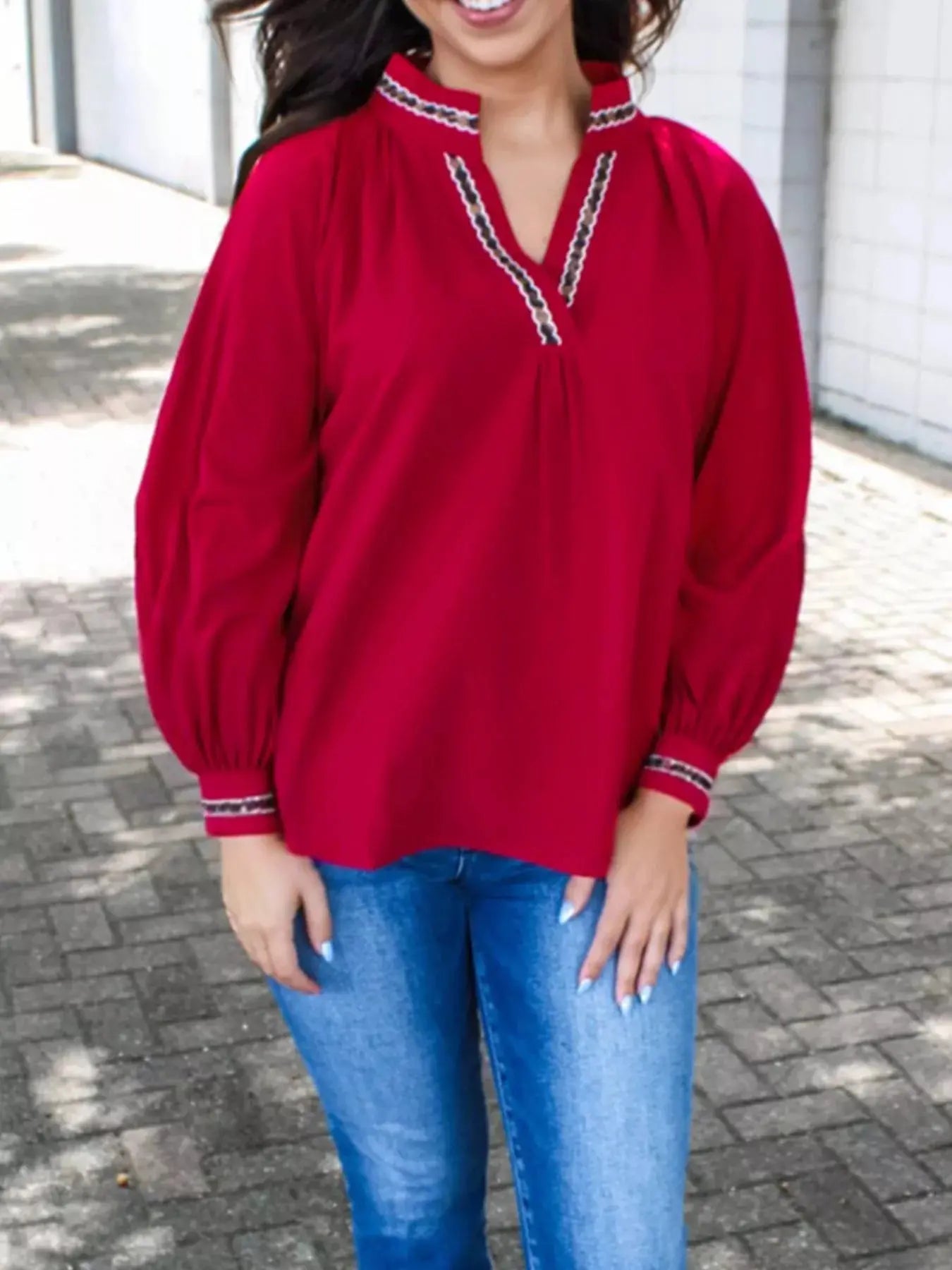 Leopard Notched Long Sleeve Blouse Simply Love