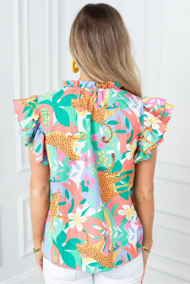 Floral print green tie-neck blouse with frilly sleeves for summer charm