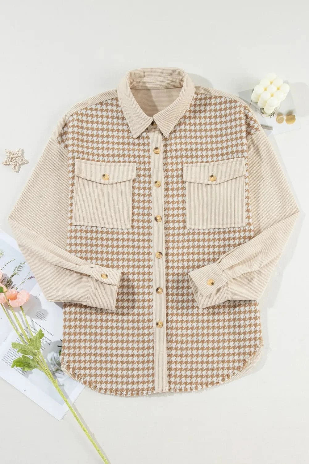 Houndstooth Button Up Long Sleeve Shacket.