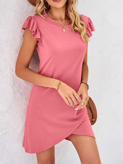 Ruffled Round Neck Cap Sleeve Mini Dress.