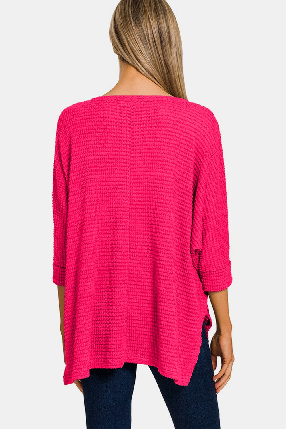 Zenana V-Neck High-Low Jacquard Knit Top.