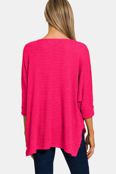 Zenana V-Neck High-Low Jacquard Knit Top.