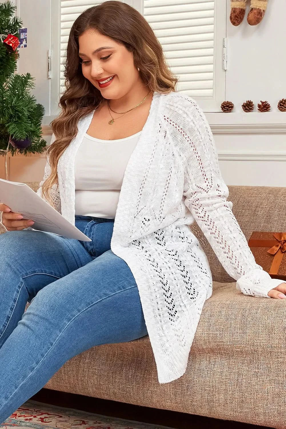 Plus Size Openwork Open Front Long Sleeve Cardigan