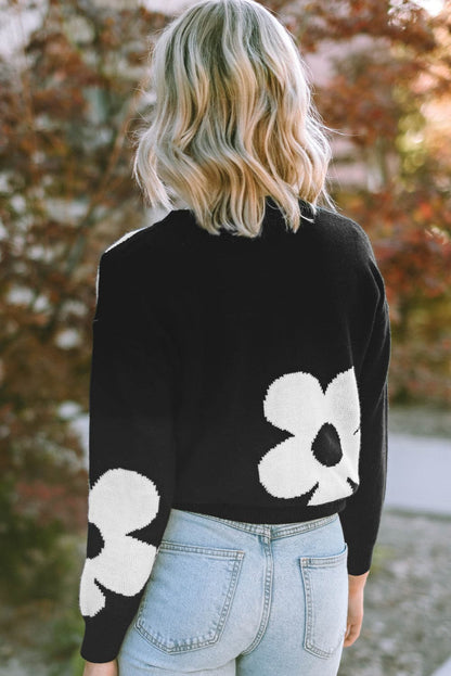 Round Neck Floral Pattern Color Contrast  Design Long Sleeve Sweater.