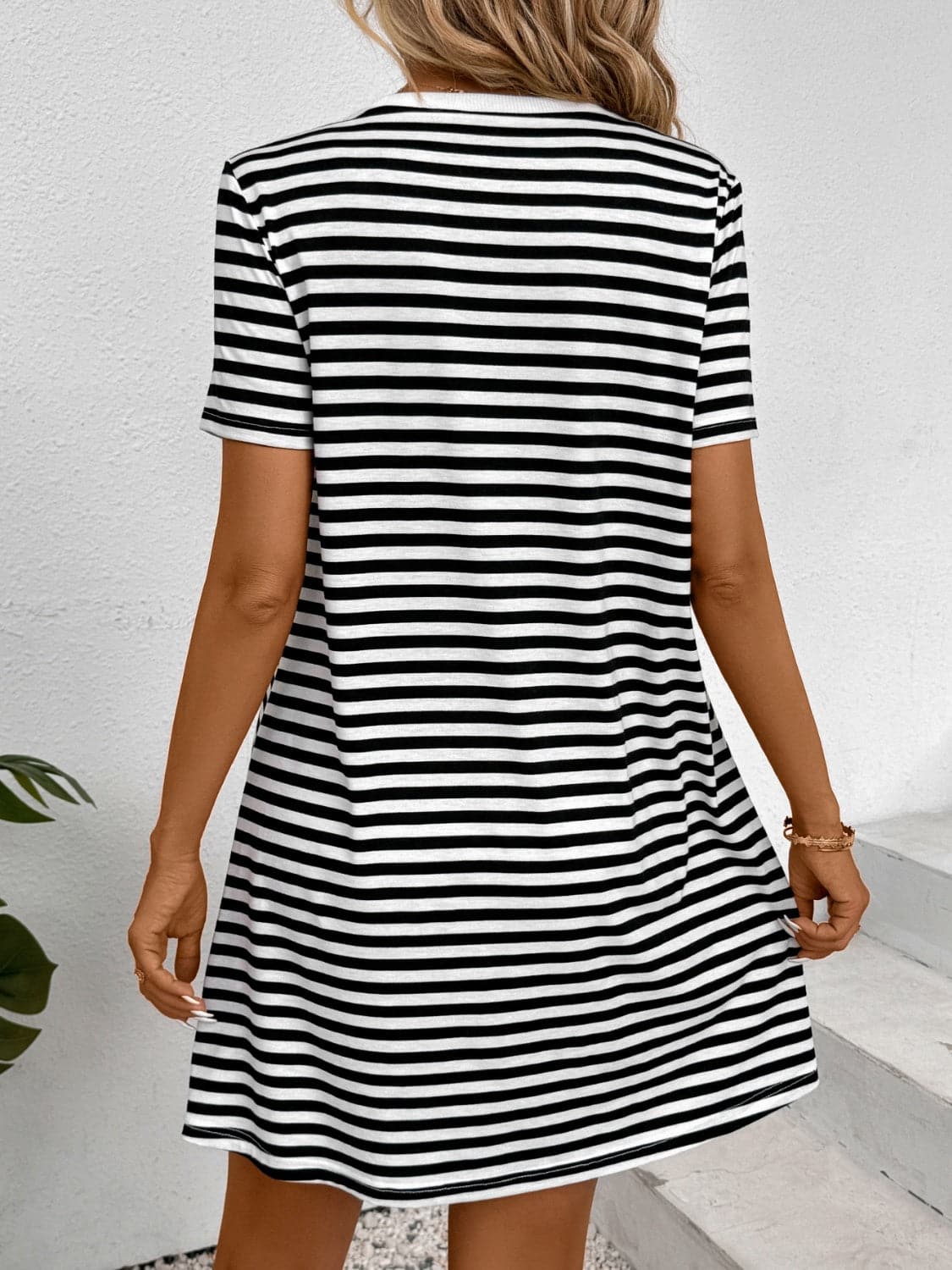 Striped Round Neck Short Sleeve Dress.