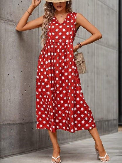 Printed V-Neck Sleeveless Midi Dress.