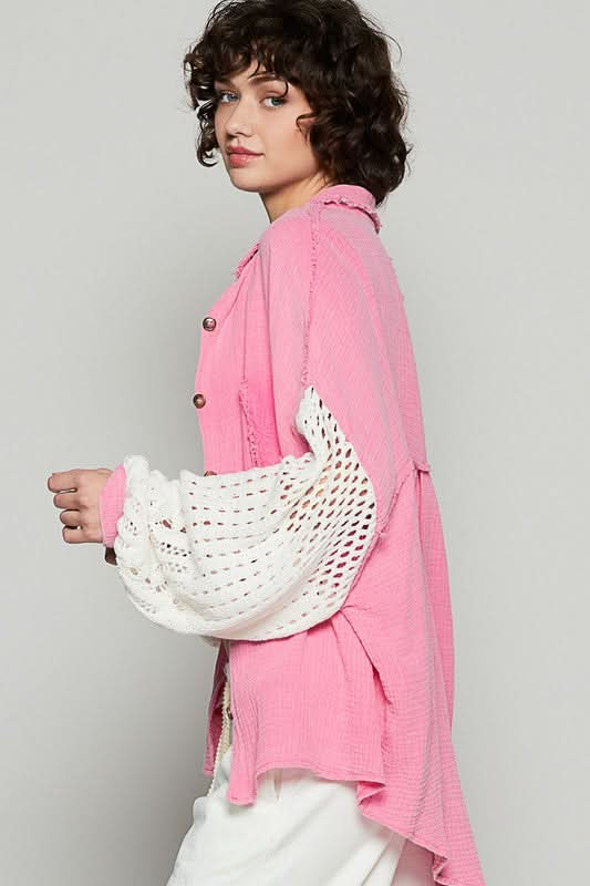 Luxe Openwork Lantern Sleeve Button-Up Gauze Shirt