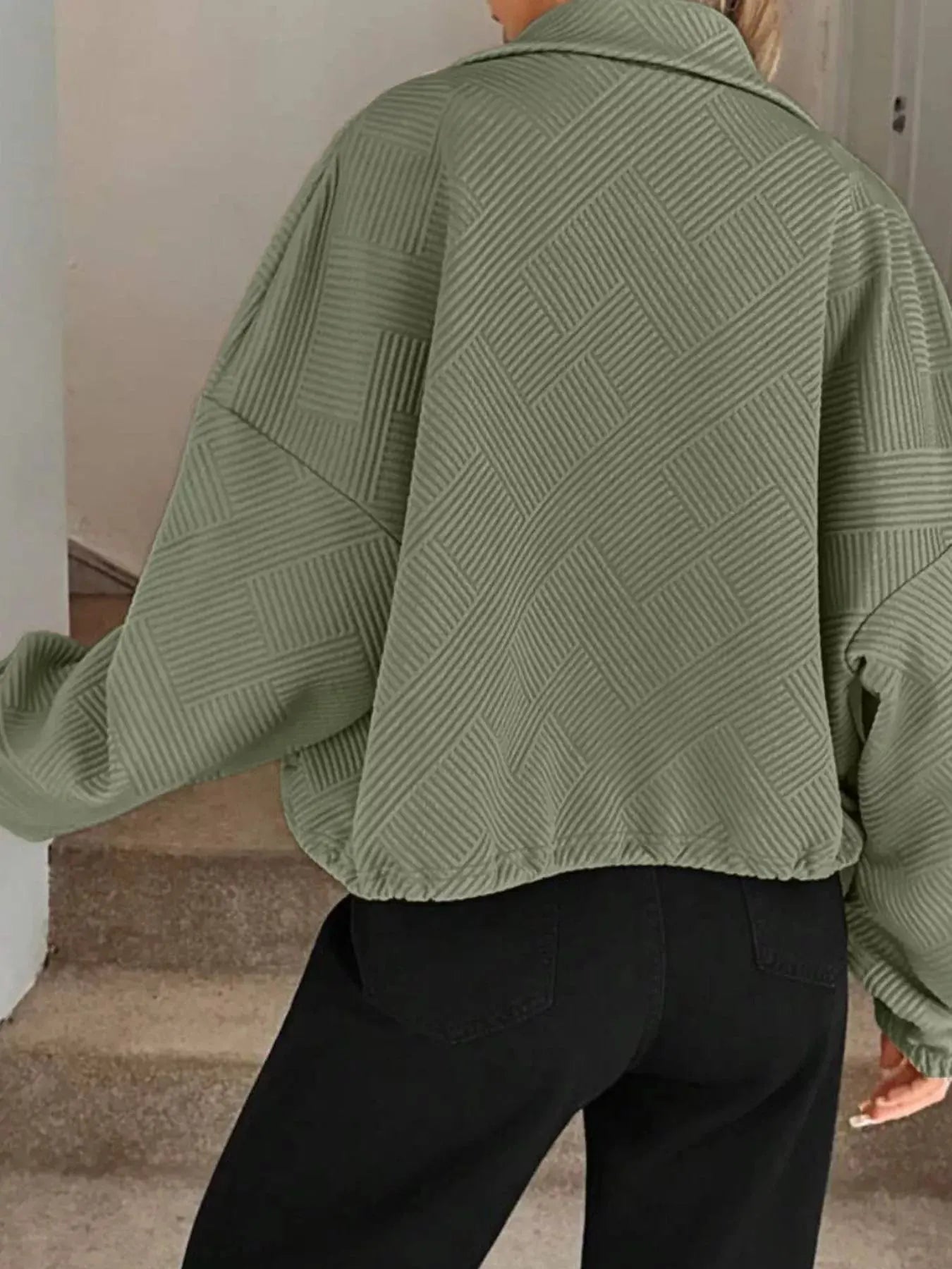 Textured Zip-Up Drawstring Hem Jacket Simply Love