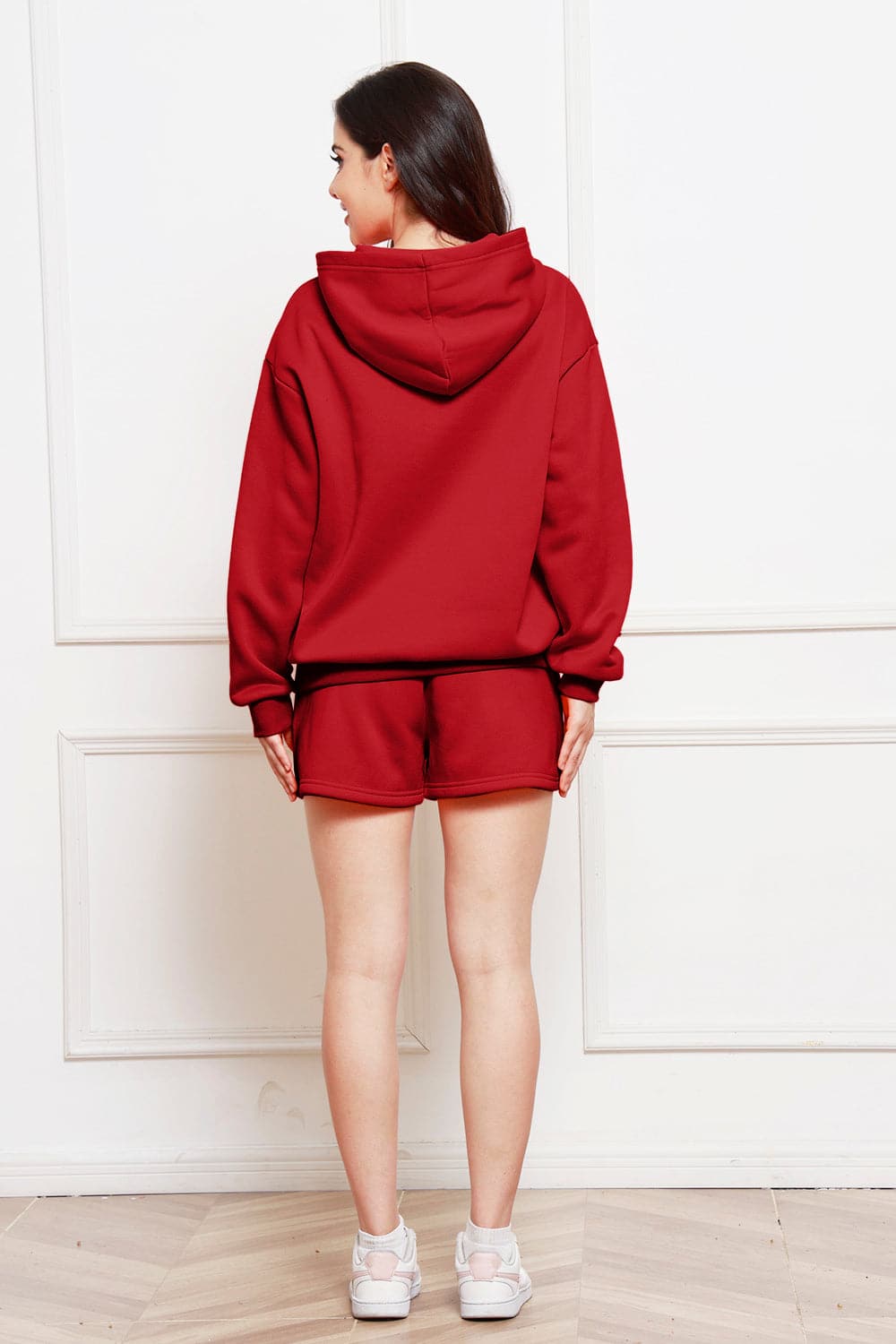 Drop Shoulder Long Sleeve Hoodie and Shorts Set.