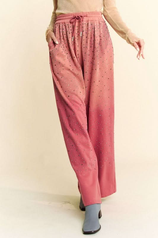 Glamorous Rhinestone-Embellished Wide Leg Pants with Adjustable Drawstring