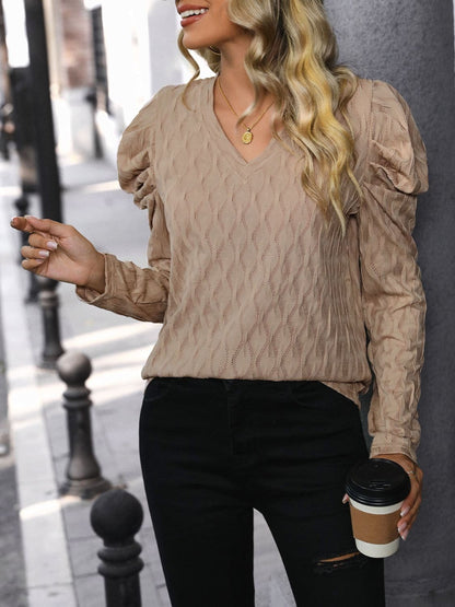 Textured V-Neck Long Sleeve Top.