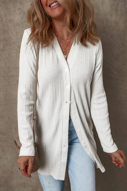 Chic White Ribbed Button-Up Long Sleeve Tunic Cardigan