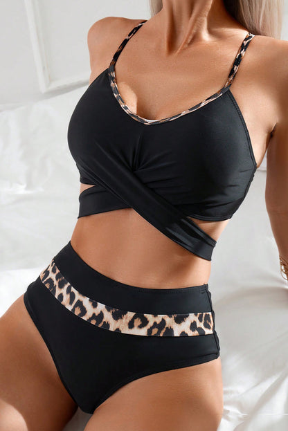 Fierce Black Leopard Criss Cross Tie High Waisted Bikini with Spaghetti Straps