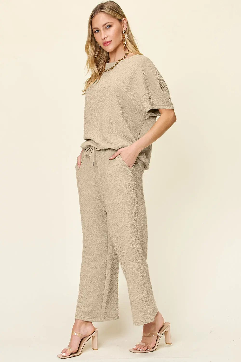 Double Take Full Size Texture Short Sleeve Top and Pants Set - Love Salve