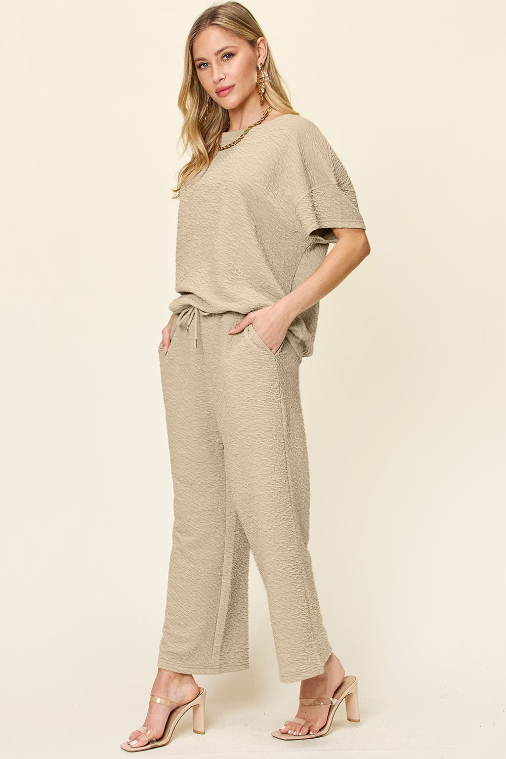 Double Take Full Size Texture Short Sleeve Top and Pants Set.